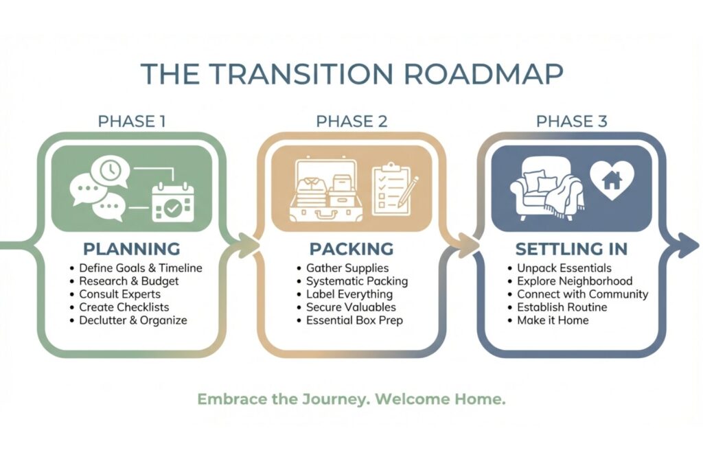 An infographic breaking the move to assisted living into 3 steps with advice under each one: "Planning", "Packing", and "Settling In"