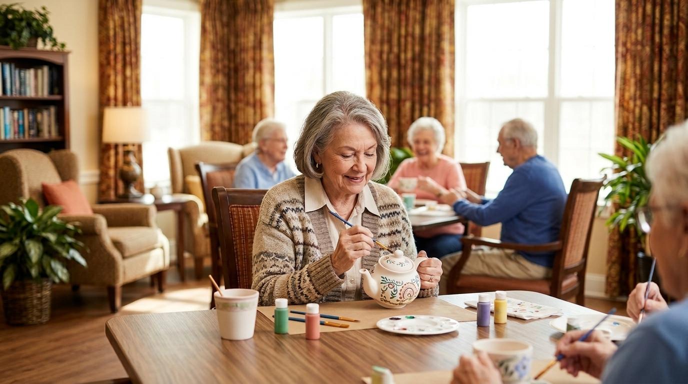 A senior smiles while participating in a ceramics painting class in assisted living.
