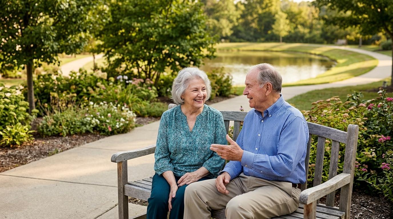 Seniors seated on a garden bench enjoy a chat outdoors in assisted living.