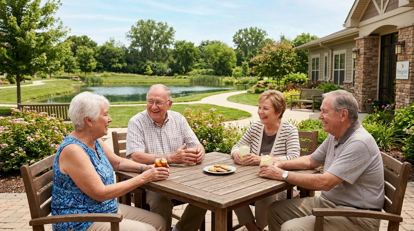 A group of seniors sit and chat outdoors while holding cold beverages.