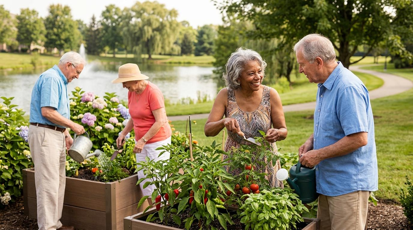Seniors enjoy gardening together, laughing and socializing on a sunny day.