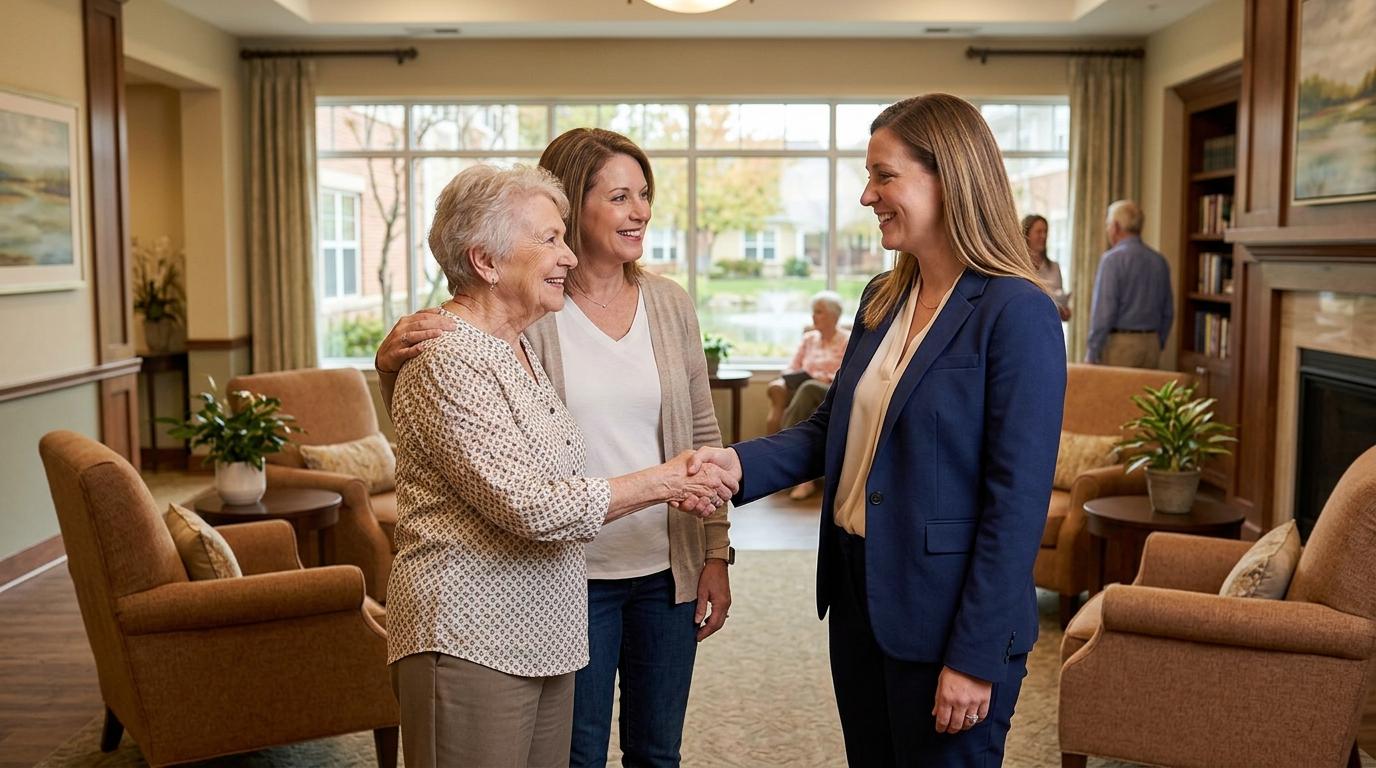 A senior shaking hands with a staff in senior living