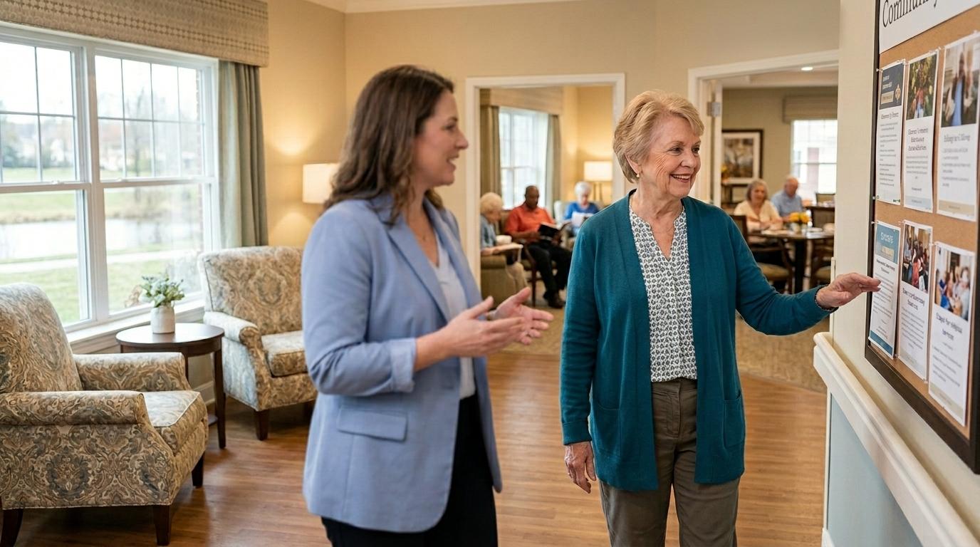 A senior and staff explore a warm, welcoming assisted living community during a guided tour.
