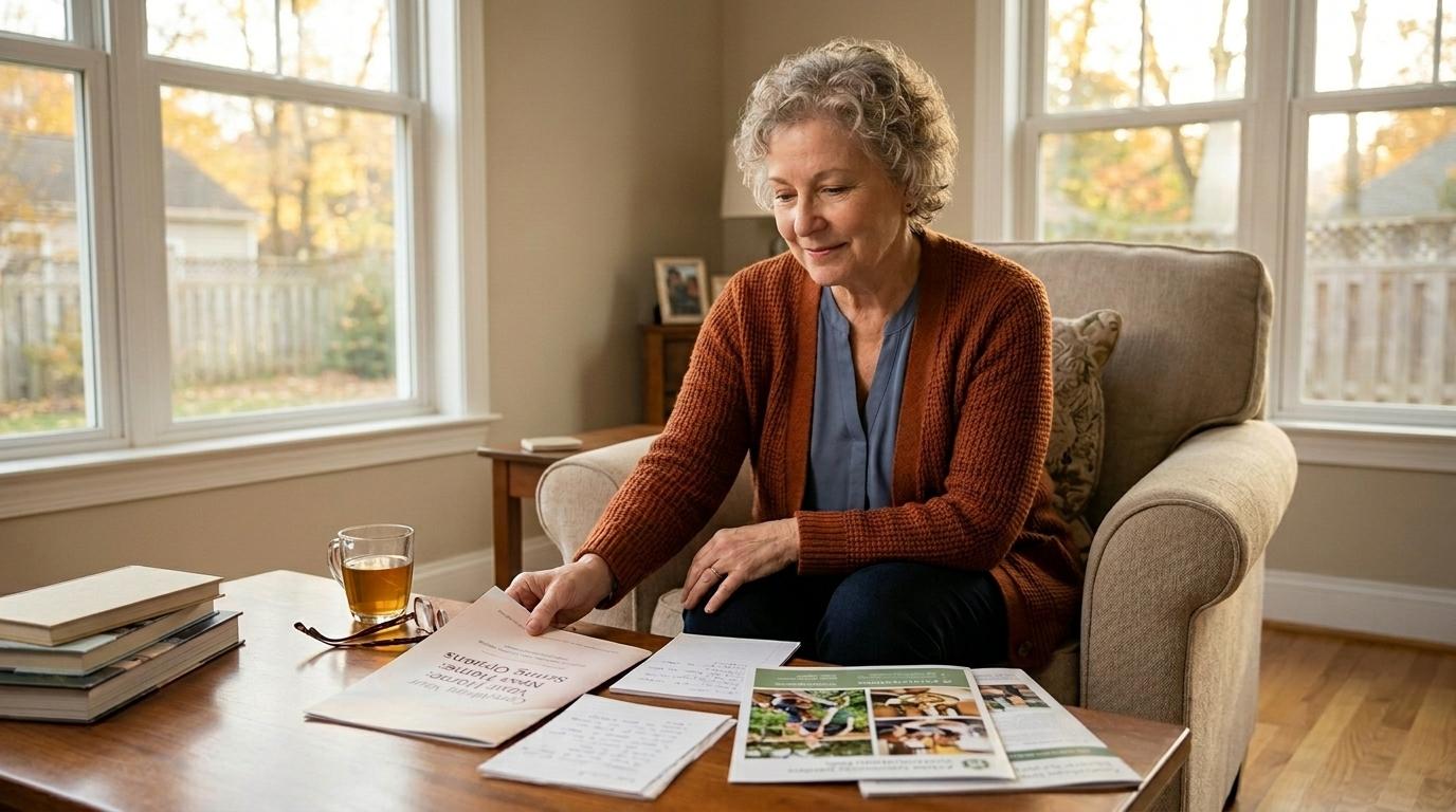 A senior looking at senior living options while drinking a cup of tea.