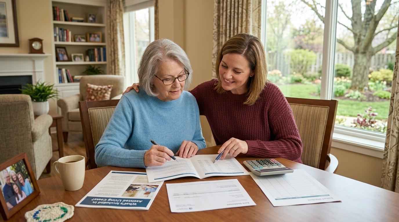 A family member helping a senior to calculate the cost of assisted living.