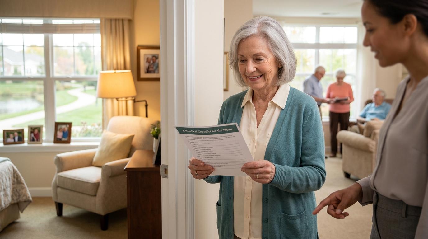 A senior tours a senior living community while holding a checklist.