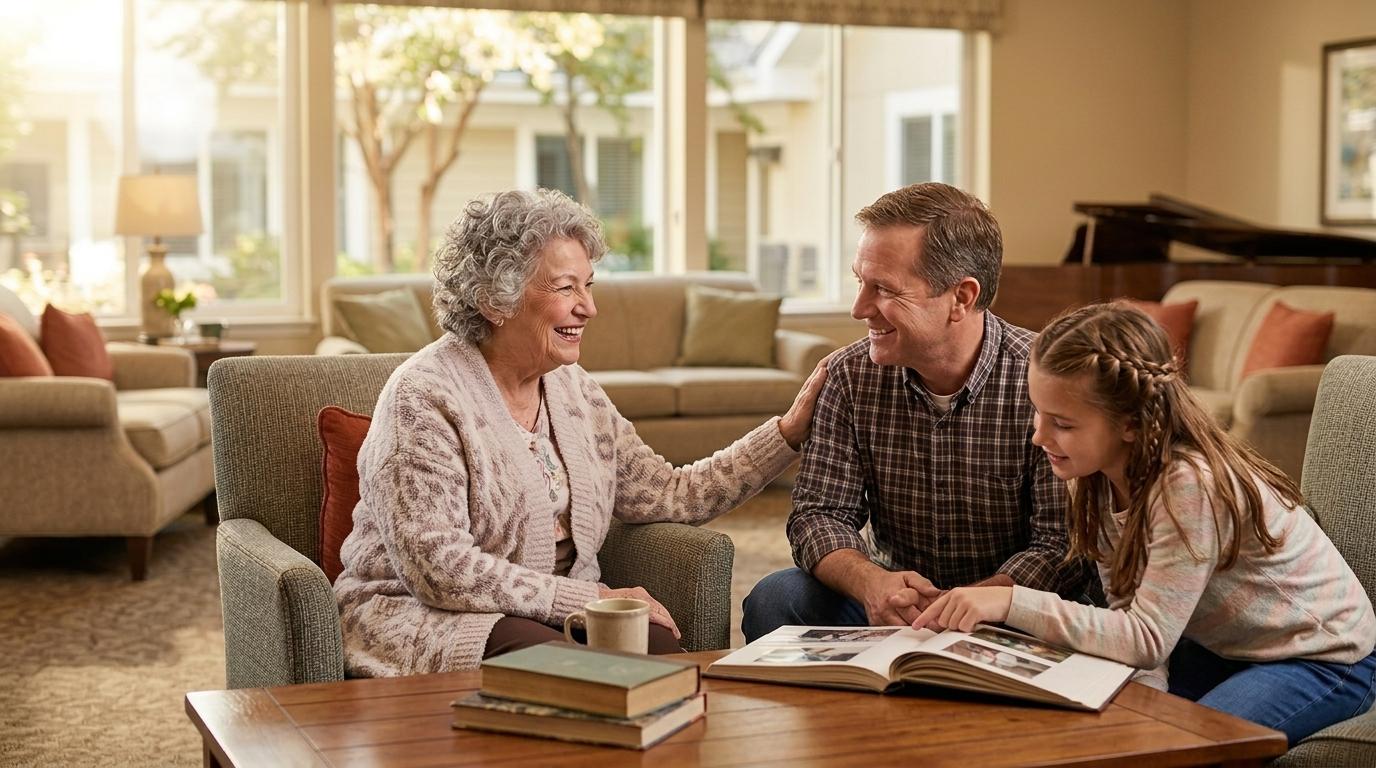 A family visiting their loved one at an assisted living community, sharing a warm moment together in a welcoming common area.