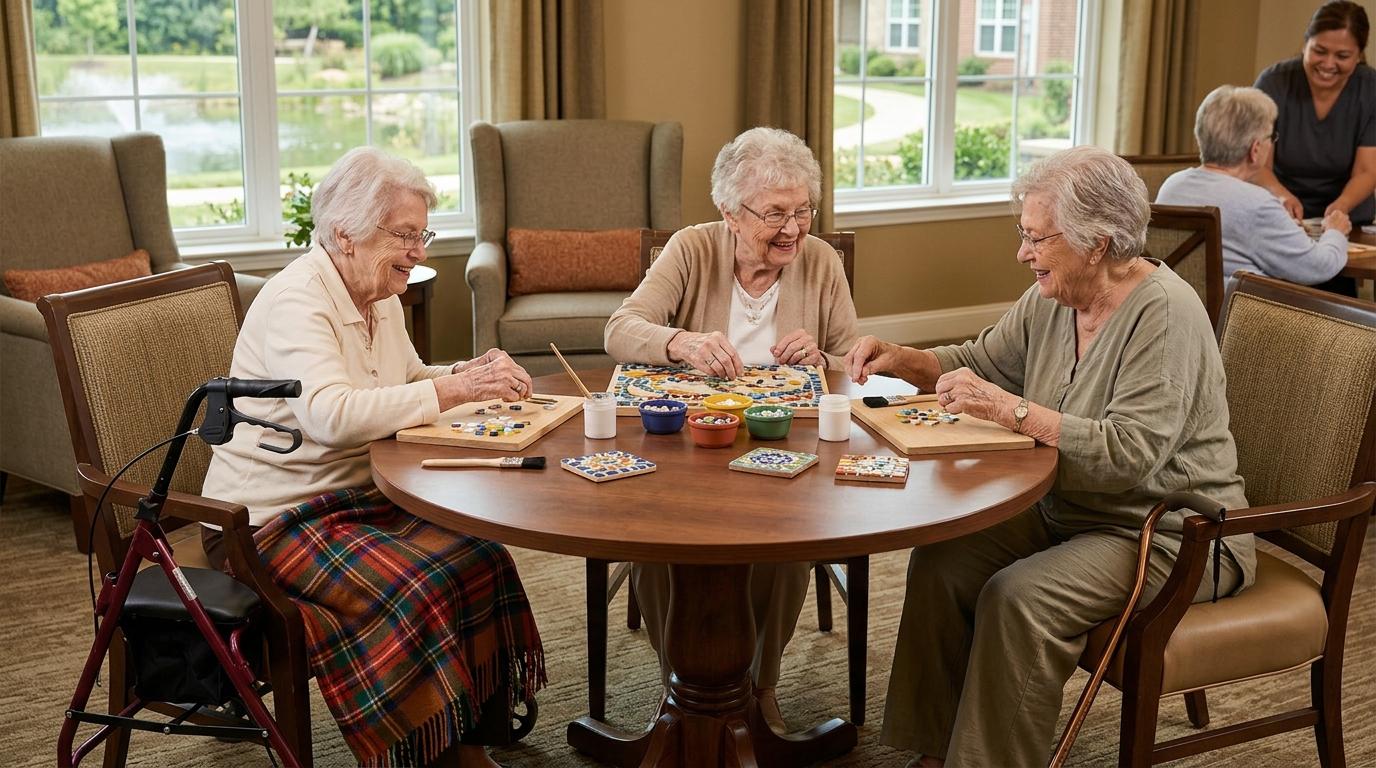 A group of 3 older adults sits around a table and crafts stone mosaics during an activity class in their assisted living community.